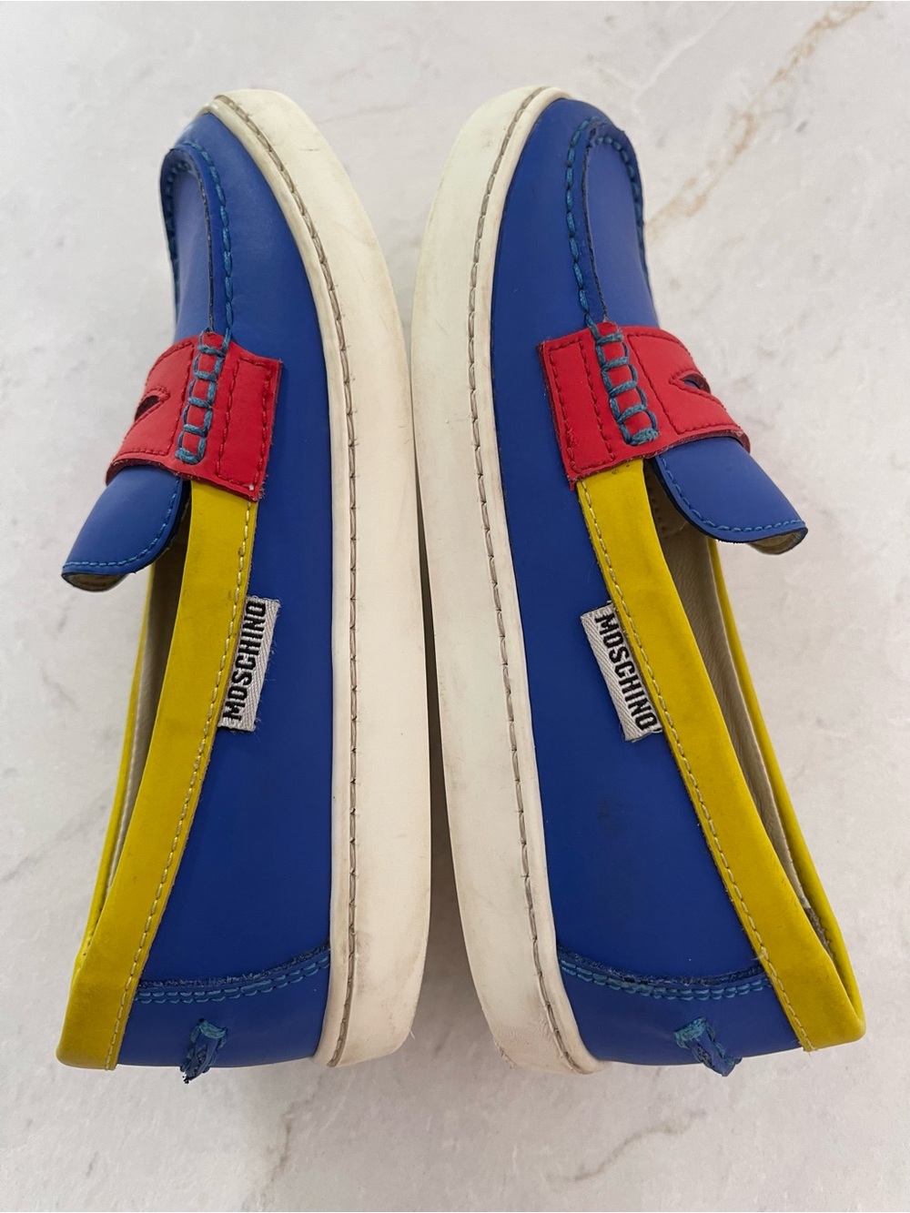 MOSCHINO KIDS Blue, Red & Yellow Leather Penny Loafers - EUC - EU29/US11.5 KIDS - Picture 4 of 12